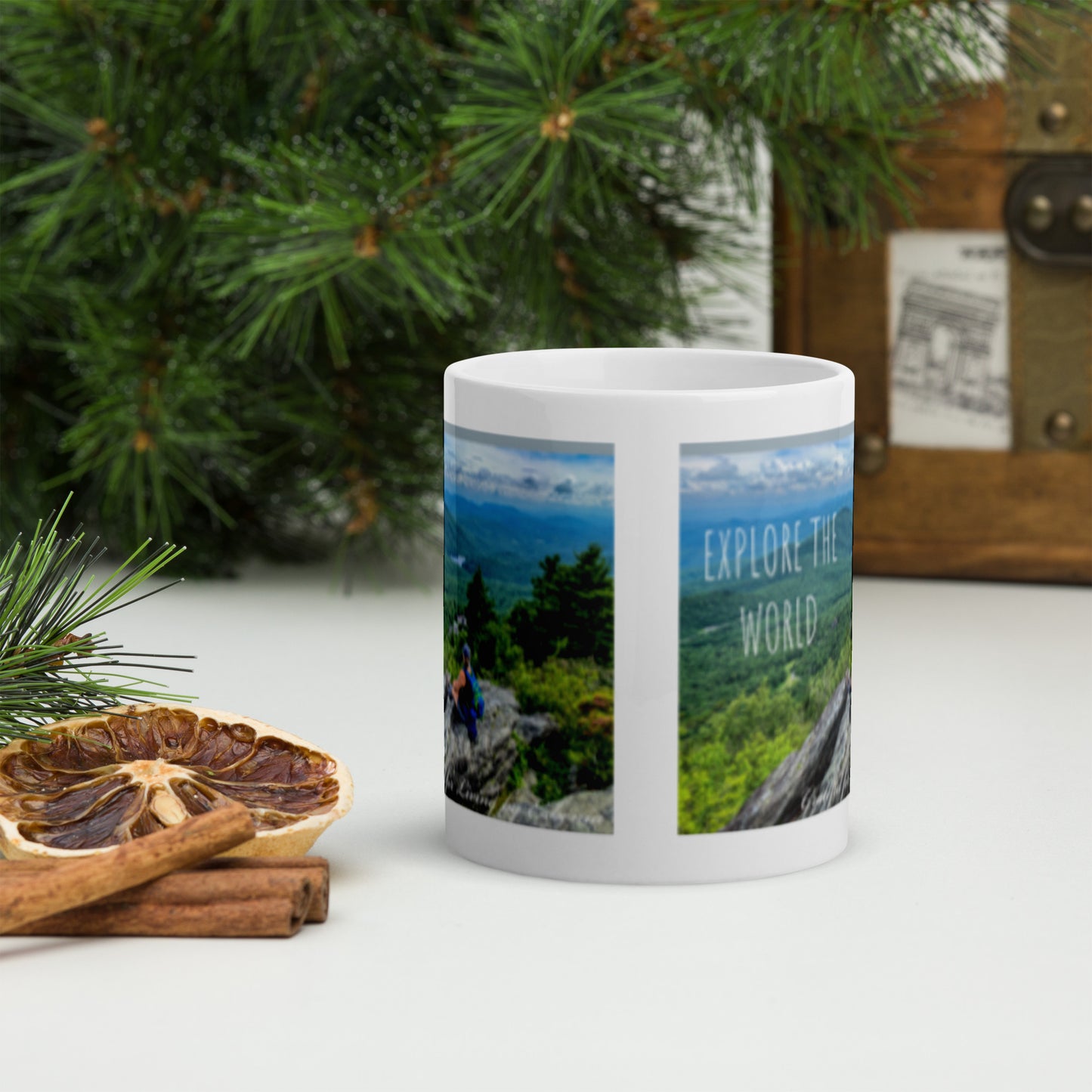 Explore the World White glossy mug