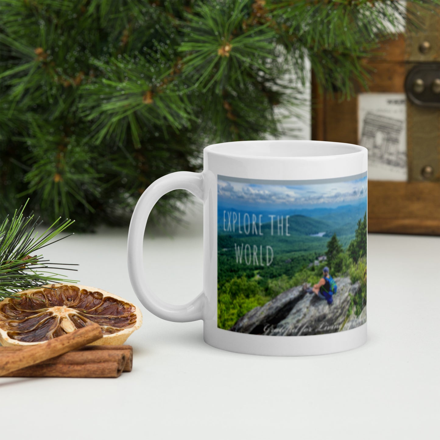 Explore the World White glossy mug