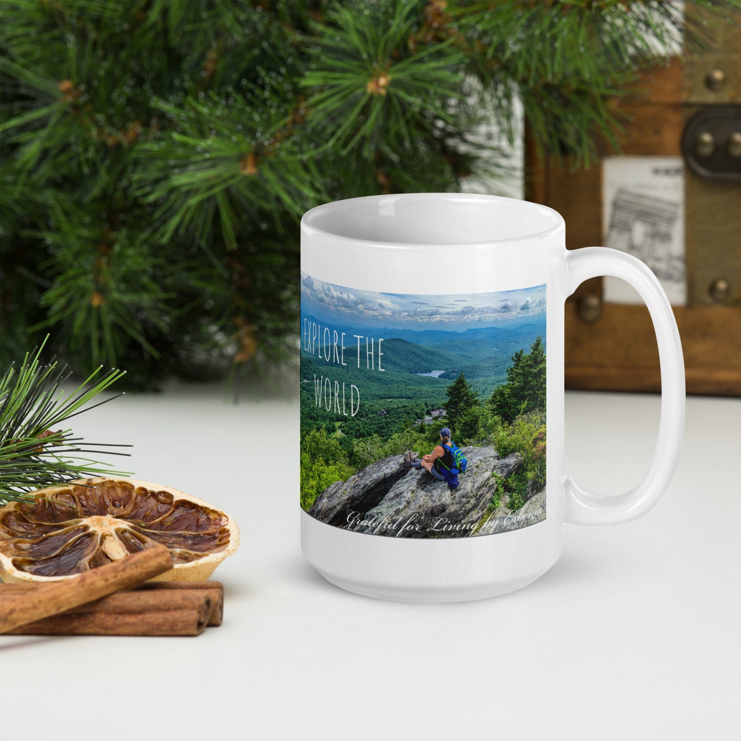 Explore the World White glossy mug